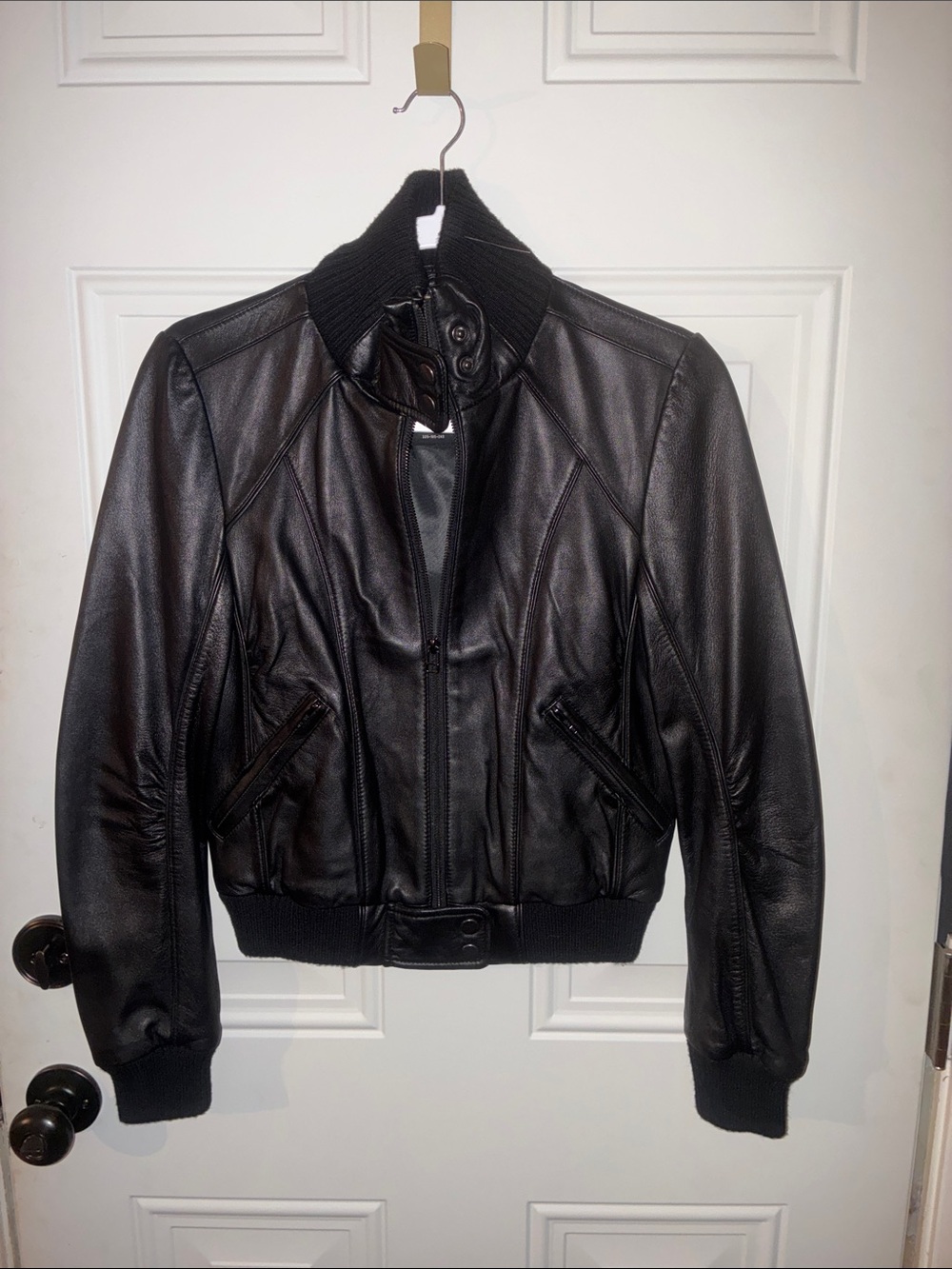 Moda International Black Leather Bomber Jacket with Rib Knit Collar